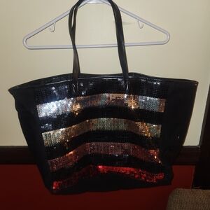 Victoria's Secret Black Tote with Sequin Stripes